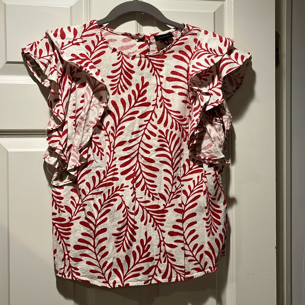 Red and White Leaf Print Ruffle Blouse